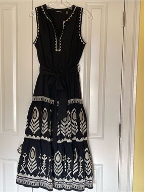 Elie Tahari Black Midi Dress with White Embroidered Trim